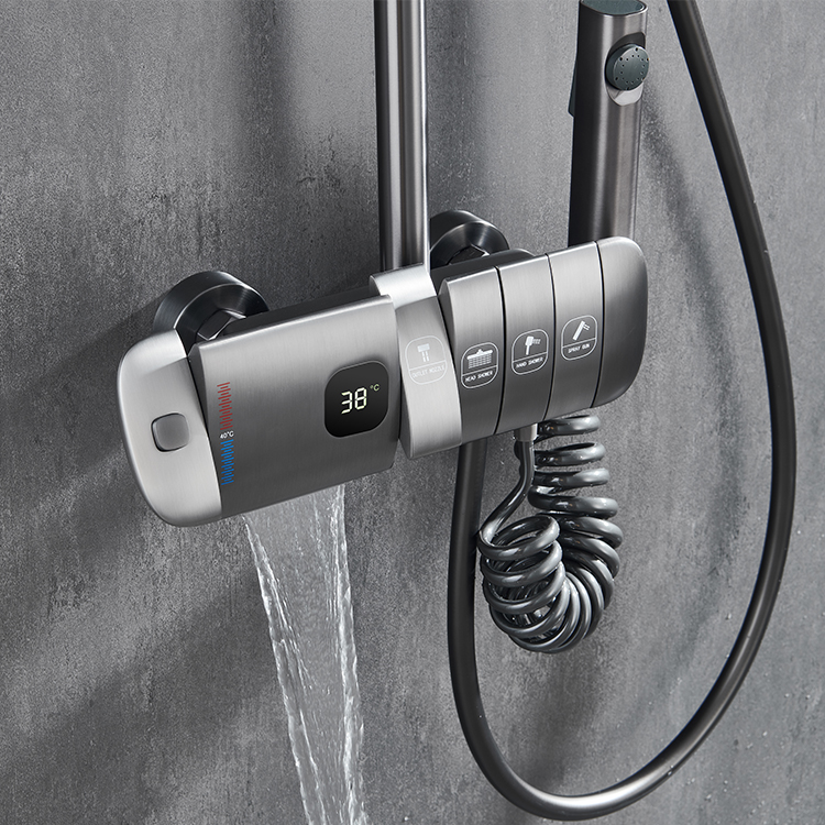 Wall Mounted Gun Grey Brass Thermostatic Shower Mixer Diverter Valve 4 Functions Modern 