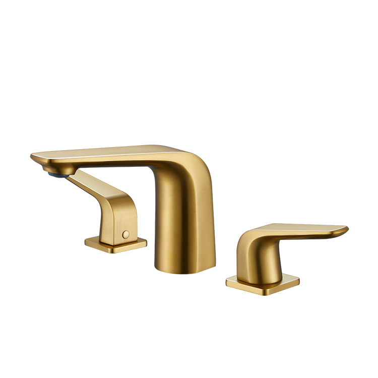 Kaiping Gockel Brushed Gold Brass Double Handle 3 Hole Deck Mounted Wash Mixer Tap Bathroom Basin Faucet