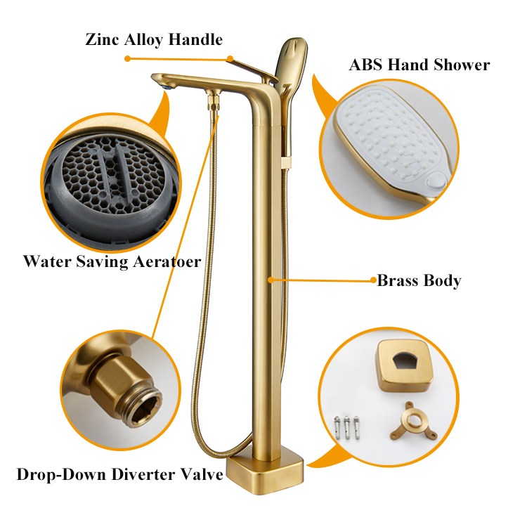 Brushed Gold Freestanding Bathtub Faucet Brass Floor Stand Tub Filler